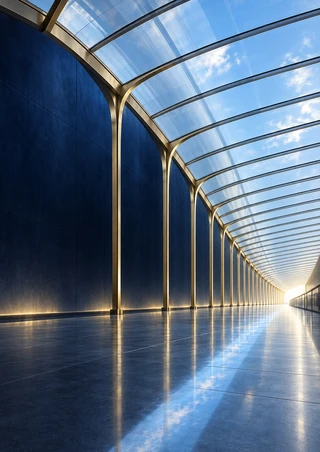 Covered passage with curved glazed roof, receding gold-toned ribs, dark cobalt wall, and reflective floor leading to a bright endpoint.