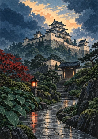 Pale hilltop castle with dark tiled roofs above a wet garden path, bordered by plants and rocks, with a glowing red lantern beneath storm clouds.