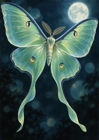 Large pale green luna moth with open wings, long tails, and ochre eyespots against a dark teal background with a bright full moon.