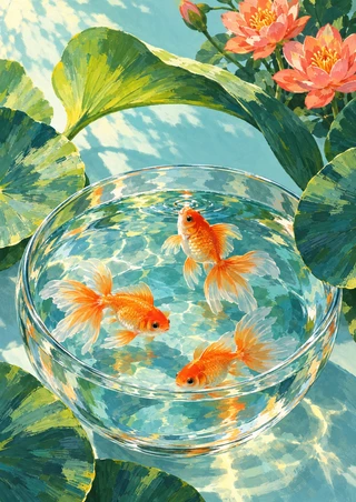 Three orange fantail goldfish swim in a glass bowl surrounded by green water-lily leaves and coral-pink blossoms.