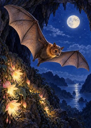 A fruit bat flies with wings extended inside a rocky cave opening, with a full moon and glowing flowers.