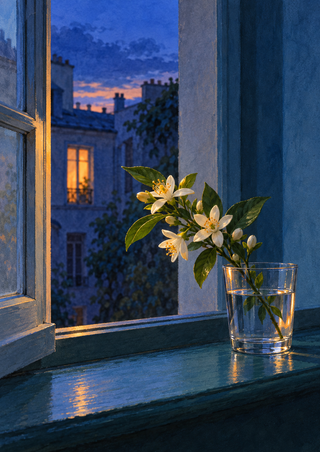 White blossoms and green leaves in a clear glass on a blue windowsill, with a dusky courtyard and warm lit window beyond.