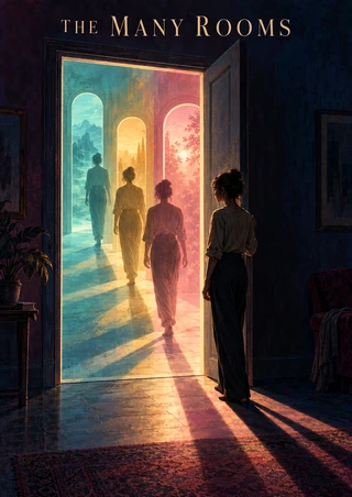A figure faces a glowing teal, saffron and rose doorway as several figures proceed through it in a dim room.