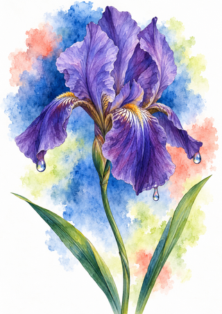 A large violet iris with a curved stem, two long green leaves and clear raindrops against a loose blue watercolor wash.