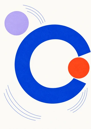 Cobalt open ring and overlapping vermilion disc with a pale lilac circle and fine blue arcs on a near-white background.