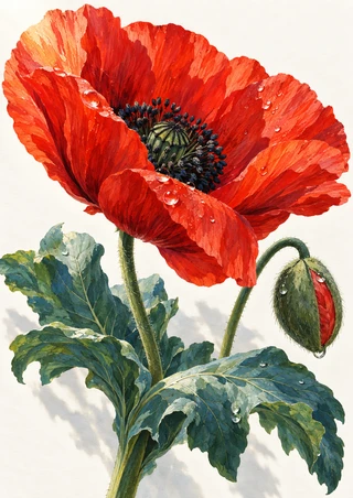 Large scarlet poppy with dark seed center and water droplets beside a drooping bud and blue-green leaves.