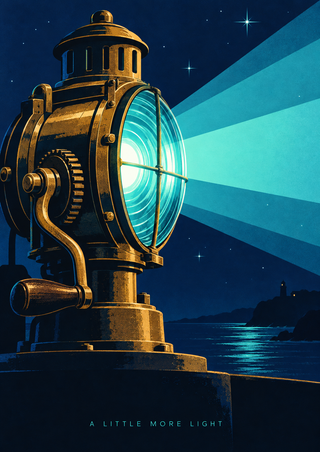 Brass lighthouse lamp projects a turquoise beam over a starry night sea, with reflected water and a distant coast.