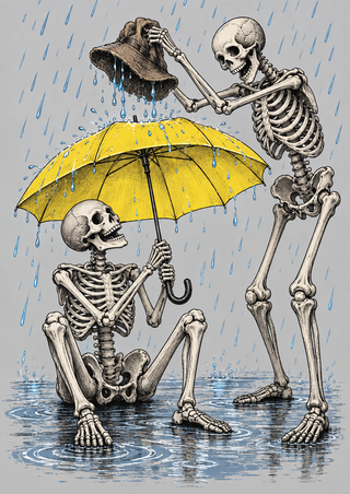 Two crosshatched human skeletons share a bright yellow umbrella in the rain; one sits holding it while the other leans in with a dripping hat.