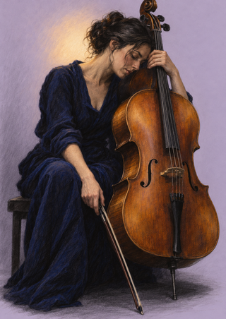 Seated adult cellist in dark clothing leaning their forehead against an upright amber-brown cello, with one hand at the neck and a bow angled downward.