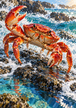 Red-orange crab with one raised claw on dark wet rocks amid turquoise surf and white foam.