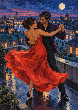 Two dancers turn together on a reflective rooftop beneath a full moon, one wearing a sweeping red-orange dress and the other a violet jacket.