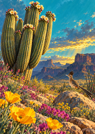 Flowering organ-pipe cactus beside a crested roadrunner on a rock among desert wildflowers, with mesas beneath a turquoise sky.