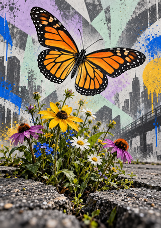 Orange-and-black butterfly above yellow, purple, and white wildflowers growing through rough pavement against abstract urban shapes.