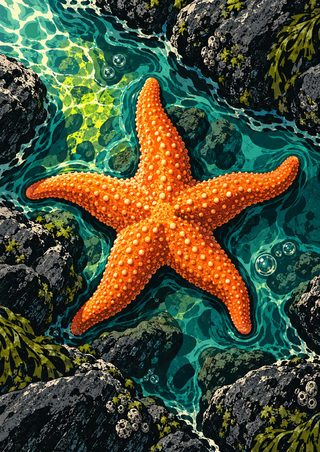 An orange five-armed sea star lies in a teal tidepool among dark rocks, pale bubbles, and chartreuse reflections.
