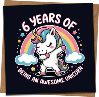 6th Birthday Card Girl – Cute Unicorn Dab Rainbow Design, Funny Kids Greeting for Daughter Granddaughter Niece, 145mm x 145mm Square, Blank Inside, With Kraft Envelope