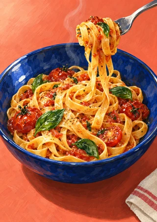 Fork lifting tagliatelle from a blue bowl with tomato pieces and basil on a coral tabletop.