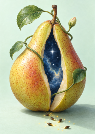 Joined halves of a ripe pear reveal a deep blue starry sky and bright central star, with a leafy vine and gold sparks below.
