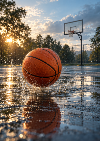 Orange basketball above a puddle splash on a wet court, with a hoop and backboard in the distance.