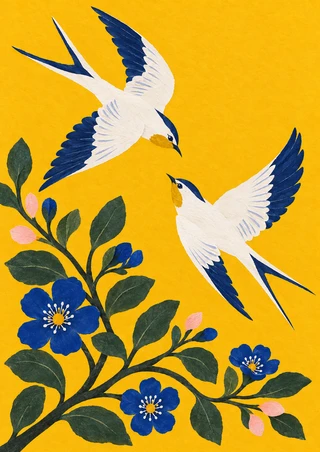 Two white swallows with navy wing accents fly toward one another above green foliage and blue flowers on a yellow background.