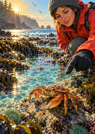 A woman in a red-orange rain jacket crouches and points toward a large orange crab beside sunlit tidewater, with kelp, headlands, trees, and seabirds beyond.