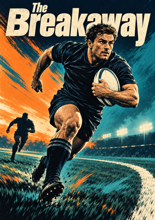 A rugby player charges forward with an oval ball as a defender follows, beneath the headline “The Breakaway” and stadium lights.