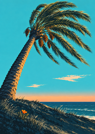 A leaning date palm with hanging fruit above a dark coastal dune, sea, and aqua sky with a peach horizon band.