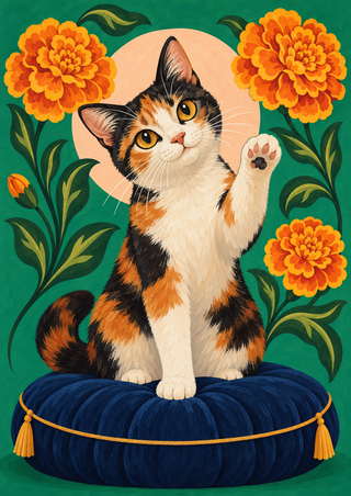 A calico cat raises one paw from a round dark-blue cushion among orange marigolds and green foliage.