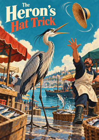 Surprised heron and reaching fishmonger beneath a flying woven hat at a riverside fish market, with the title The Heron’s Hat Trick.