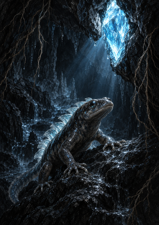 Salamander-like fantasy creature climbing wet cave rock toward a glowing blue crystal beneath a narrow shaft of light.