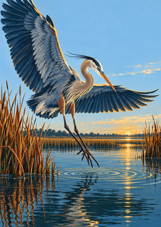 Blue-gray heron with wings spread descending toward ripples in a sunset marsh, framed by reeds.