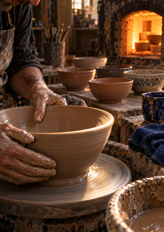 Cropped hands shape a ridged clay bowl on a pottery wheel in a warm workshop with finished bowls and a glowing kiln.