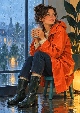 Woman in an orange-red raincoat holding a mug by a rain-streaked window, with a teal stool, plant, amber lamp and wet-floor reflections.