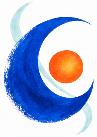 A cobalt-blue crescent curls around a glowing orange sphere as a pale aqua arc loops behind it on a white background.