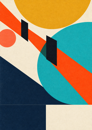 Flat geometric abstraction with a turquoise circle segment crossed by an orange diagonal beam, mustard and coral forms, dark bars, and navy and cream blocks.