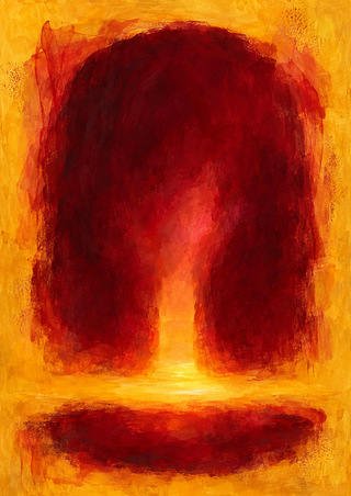 Abstract garnet-red arch and lower pool against saffron, divided by a glowing amber-gold opening.