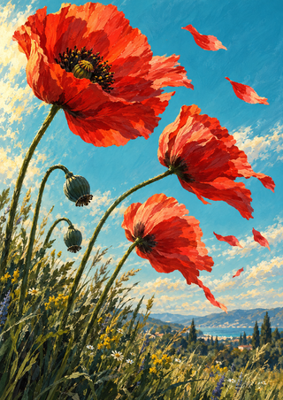 Three scarlet poppies lean right above meadow foliage, with dark seed pods and detached petals against a turquoise sky.