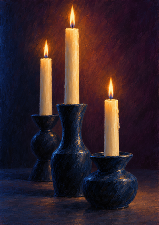Three lit cream taper candles at staggered heights in sculptural dark blue-black holders against a plum and navy background.