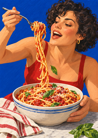 A short-haired woman lifts a forkful of tomato pasta above a large bowl, with basil and a striped cloth against a cobalt-blue background.