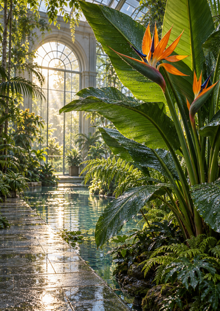 A bird-of-paradise plant with broad wet leaves and orange blooms beside a reflecting pool and tiled path inside a sunlit glasshouse.