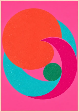 A coral-red disk and turquoise and fuchsia curved bands with a small green circle on a bright pink field and pale-peach margin.