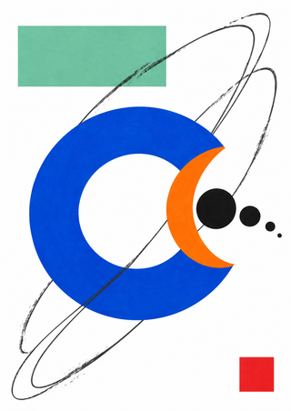 Cobalt ring overlapped by an orange crescent, trailing black circles, charcoal loops, and small green and red blocks on white.