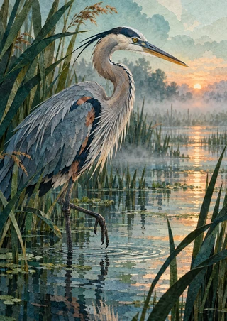 Blue-gray heron with one leg raised in shallow marsh water, framed by dark reeds and dawn light.