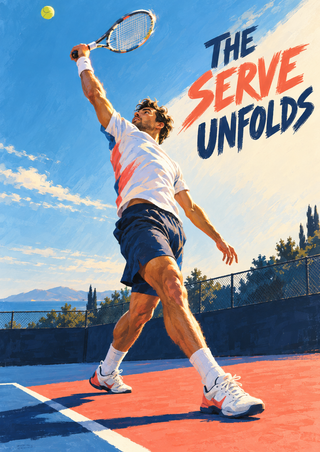 An adult male tennis player reaches overhead with his racket as a ball rises into a blue sky above a coral court; “THE SERVE UNFOLDS” appears at upper right.