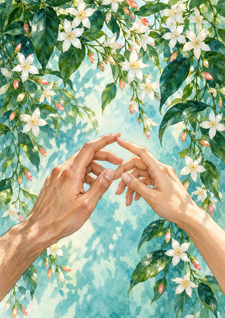 Two hands meet at their fingertips beneath white jasmine-like flowers, glossy leaves, and coral buds against a pale turquoise background.