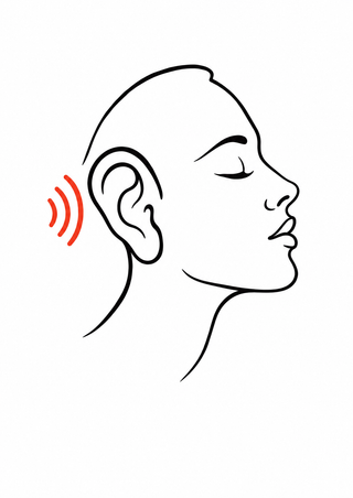 A minimalist black-line drawing of a right-facing profile with a large outlined ear and three red sound-wave arcs on white.