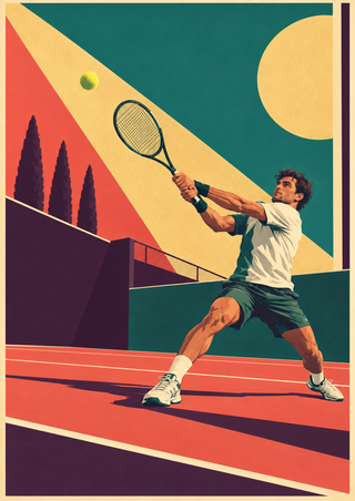 Male tennis player swinging a racket across his body on a coral court, with a ball above and to the left.