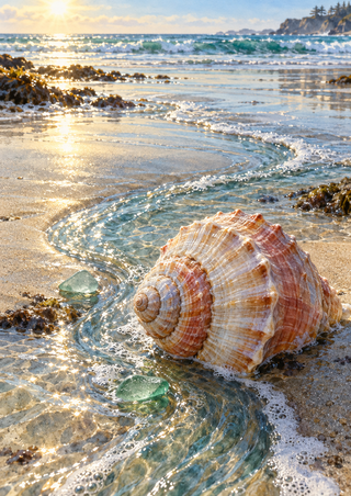 Large ridged spiral shell beside curling shallow water, two pieces of pale green sea glass, wet sand, and distant surf.