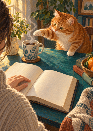 A ginger tabby reaches toward a steaming mug beside an open book and a seated reader at a teal table.