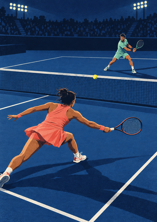 Two tennis players in coral and mint uniforms contest a rally on a deep blue court beneath stadium lights.
