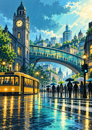 Rainy city intersection with a stone clock tower, arcing glass bridge, yellow tram and umbrella-carrying pedestrians.